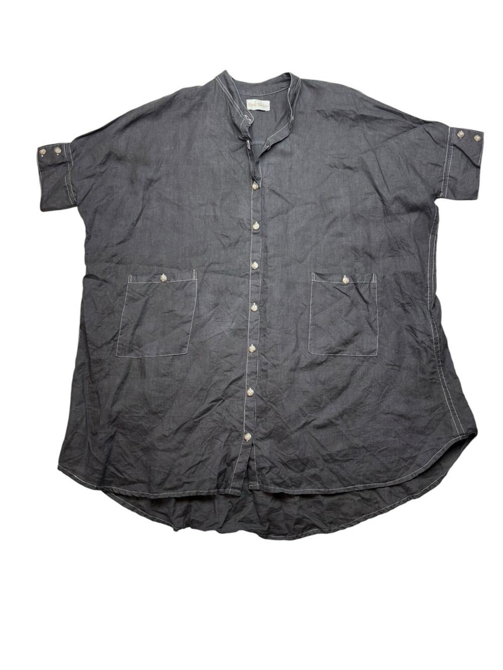Myrah Penaloza one size linen lagenlook oversized Button-Up Short Sleeve Shirt g
